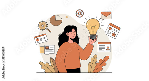 Creative innovation concept with woman holding lightbulb surrounded by digital elements vector illustration