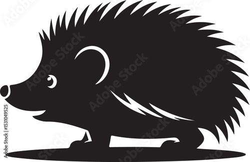 Two stylized hedgehogs one outlined with quills and one solid black silhouette side by side on white field editable vector eps/eps