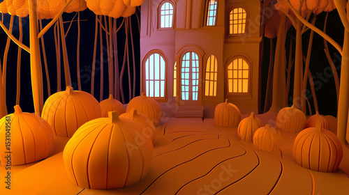 A haunted house with pumpkins in a spooky forest