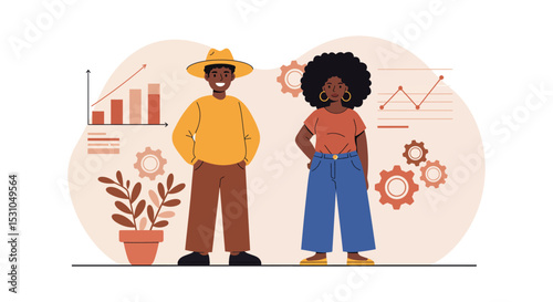 Team collaboration and growth concept with diverse individuals and business graphics vector illustration