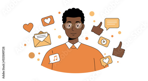 Digital communication and social media engagement concept with diverse icons for modern networking vector illustration