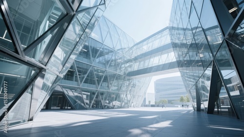 Modern Glass Architecture with Geometric Design and Reflective Surfaces