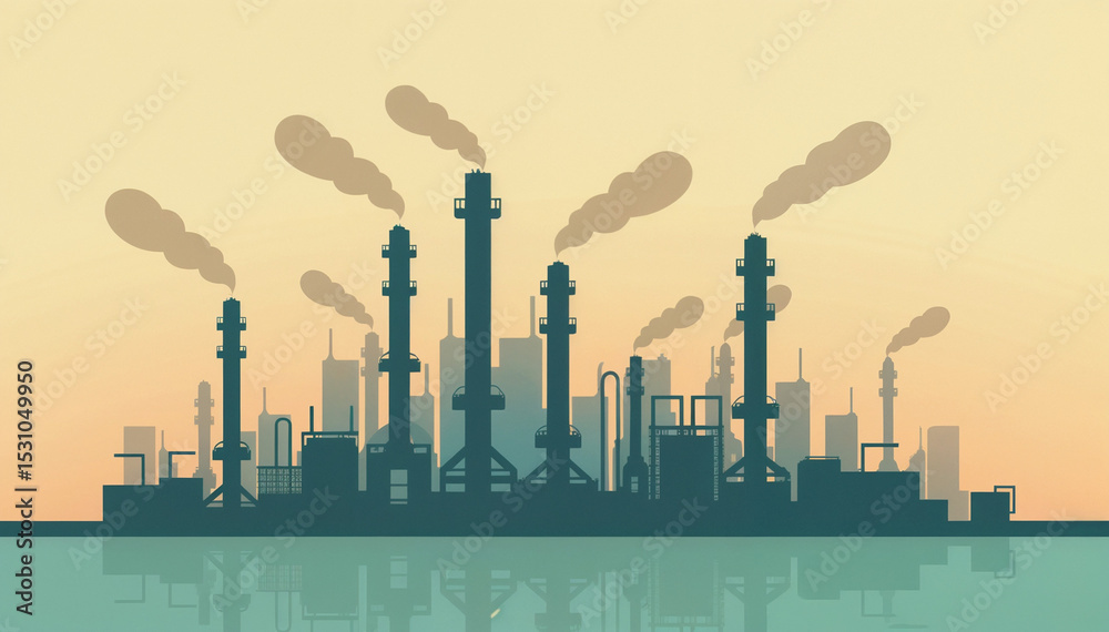 Obraz premium Stylized illustration of an industrial skyline with smoke stacks against a gradient background