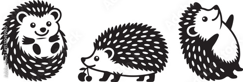 Two stylized hedgehogs one outlined with quills and one solid black silhouette side by side on white field editable vector eps/eps