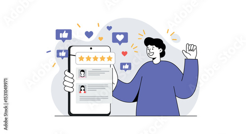 Customer feedback concept with happy user and mobile reviews vector illustration