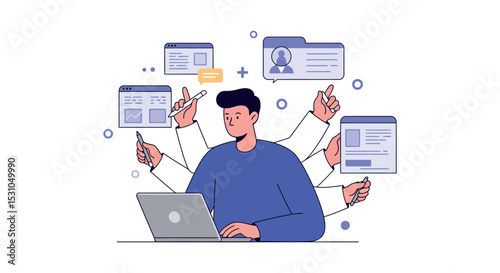 Multitasking and productivity concept with man working on laptop vector illustration