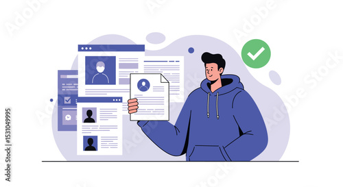 Digital profile management concept with person holding document for online identification and verification vector illustration