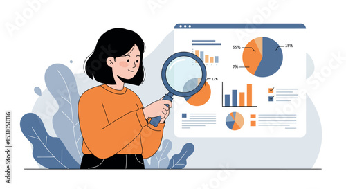 Woman analyzing data with magnifying glass in front of statistical charts for business insights vector illustration