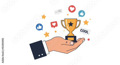 Hand holding trophy with social media engagement icons for success concept vector illustration