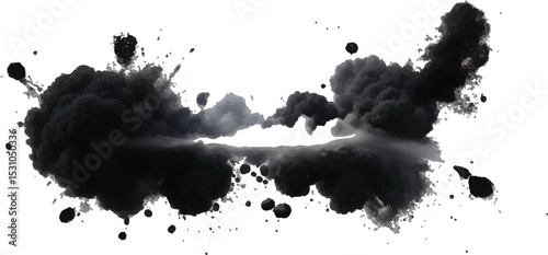 Explosive Black Powder and Smoke Cloud Expanding in an Organic, Fluid Motion, Resulting 
in a Powerful and Dramatic Abstract Visual Display on White

