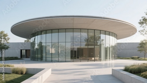 Modern circular building with extensive glass facade and flat roof
