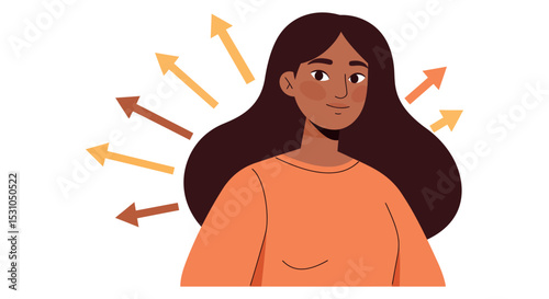 Confident woman surrounded by arrows symbolizing direction and growth vector illustration
