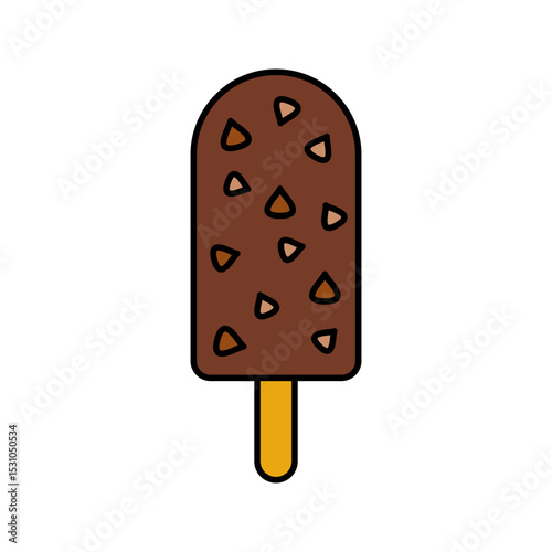 Choco Ice Cream Flat design style, chocolate ice cream on a stick with choco chips, great for dessert menus and sweet treat illustrations.