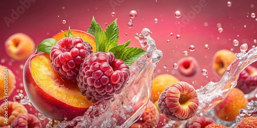 Refreshing Summer Fruit Splash Juicy Peaches and Raspberries in a Crystal-Clear Water Cascade