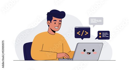 Young developer engaged in coding on laptop for web development and programming concept vector illustration