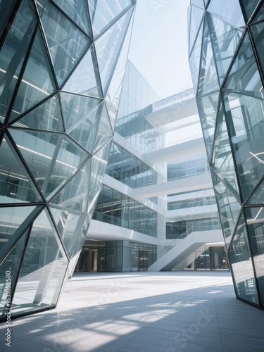 Modern Glass Building with Geometric Facades and Open Courtyard
