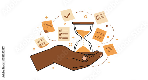 Time management and productivity concept with hourglass and task list vector illustration