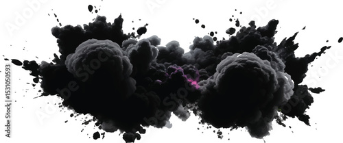Explosive Black Powder and Smoke Cloud Expanding in an Organic, Fluid Motion, Resulting 
in a Powerful and Dramatic Abstract Visual Display on White
