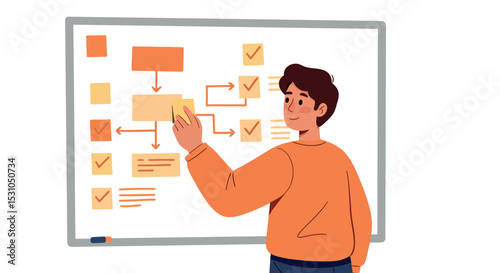 Man organizing tasks with flowchart on whiteboard for project planning and management vector illustration