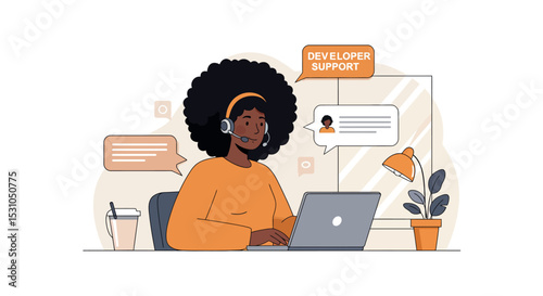 Female tech support specialist with headset assisting clients online vector illustration
