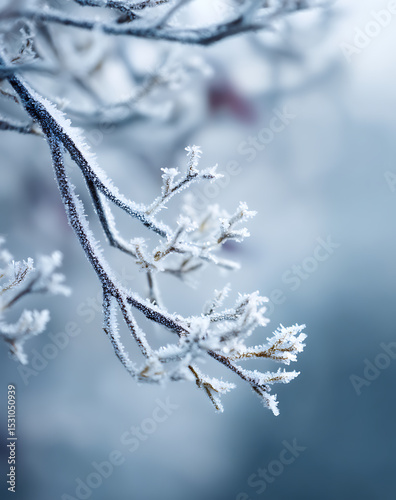 Closeup of Frost Covered Tree Branch in Winter