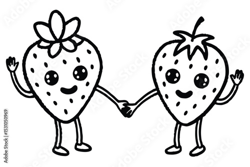 Playful black and white illustration of two friendly anthropomorphic strawberries holding hands smiling and waving