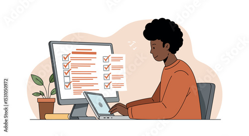 Productive home office with person using desktop and laptop for task management vector illustration