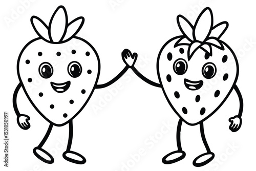 Two smiling cartoon strawberries giving high five depicting friendship and happiness black and white outline