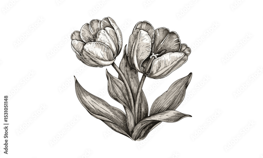 Engraving Tulipa Gesneriana floral design, vintage botanical art, vector illustration, spring flowers, garden plants, classic flower drawing, natural history, plant illustration.