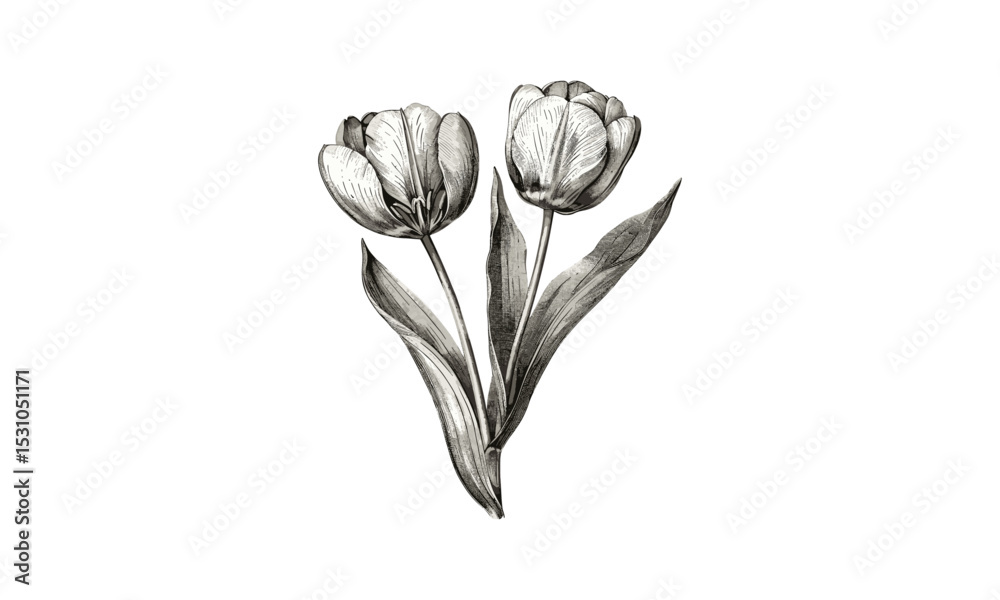 Tulipa Gesneriana Flowers engraving, vintage botanical illustrations, vector illustration, floral art, garden plants, classic flower sketch, nature print, spring bloom.