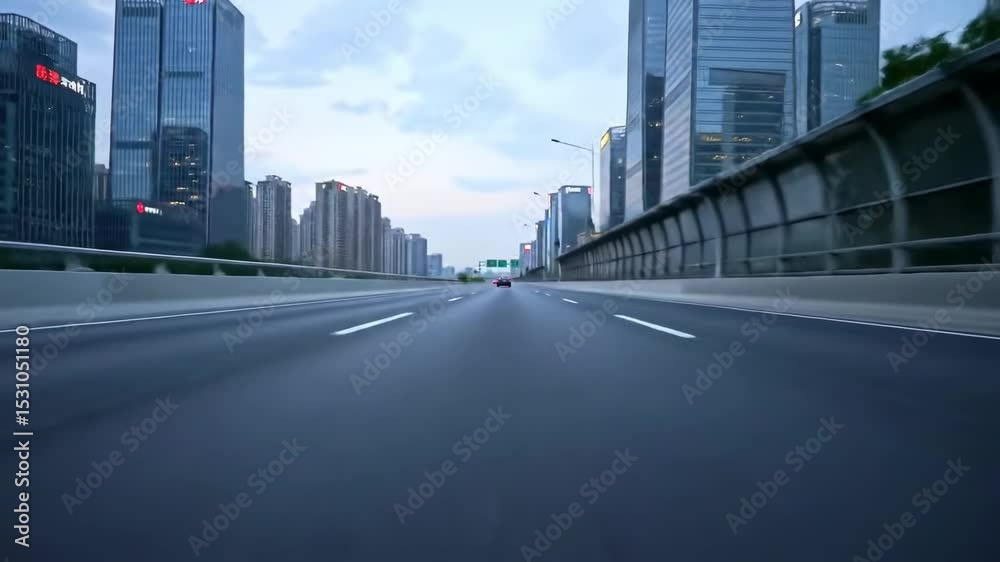 Wide shot on roadway with city buildings on the sides overcast sky