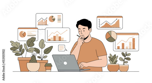 Analyzing business data in a home office with indoor plants for a productive workspace design vector illustration