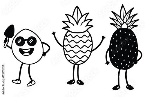 Whimsical black and white illustration of friendly fruits including pineapple and egg cartoon characters