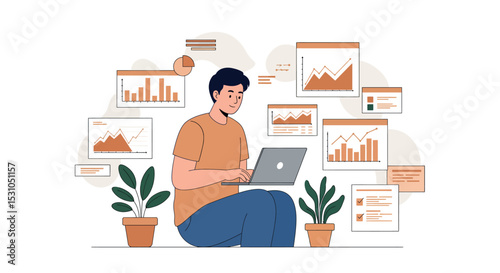 Business analyst working on financial data insights and reports for effective decision making vector illustration