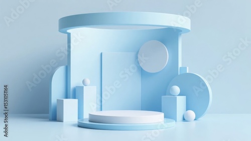 Minimalist Blue Geometric Display with Circular and Cubic Elements