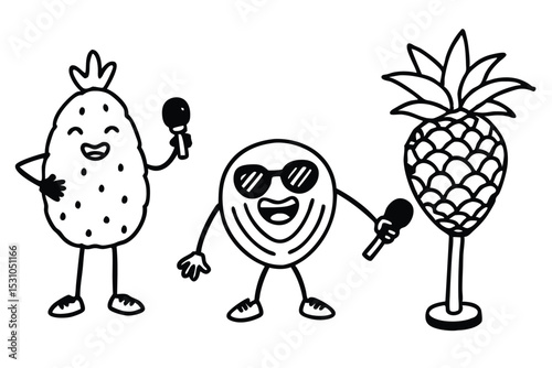 Cheerful fruit characters enjoying music performing with microphones black and white cartoon illustration