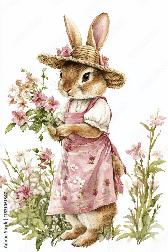Obraz premium Bunny in a Pink Dress and Hat. Watercolor illustration of an adorable bunny wearing a dress and a hat, holding flowers.