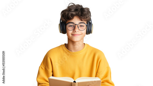A cheerful young boy in a yellow sweatshirt wearing headphones and reading a book, isolated on a white background.