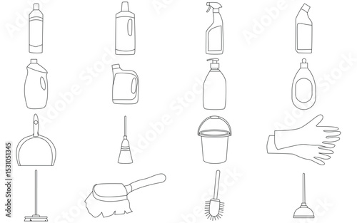 Essential Domestic Cleaning Tools in Minimal Line Art – Dusting, Defrosting, Disinfection Icons