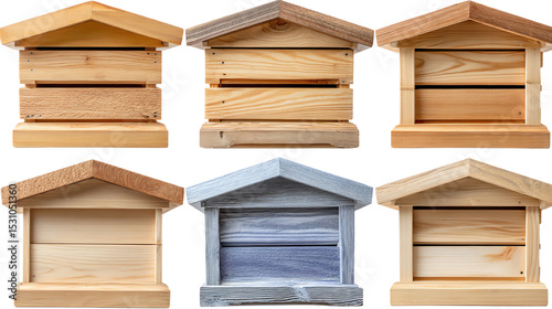 A collection of six wooden birdhouses in various styles, isolated on a white background.