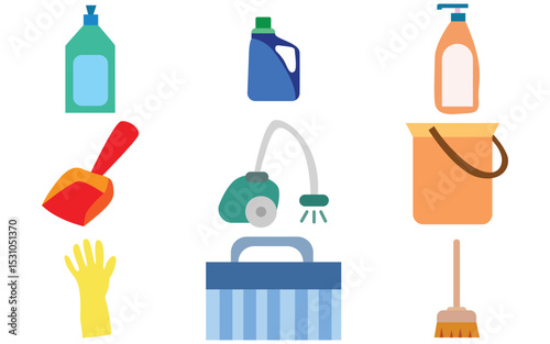Circular Doodle Composition of Colorful Cleaning Equipment – Fun Cartoon Housekeeping Set