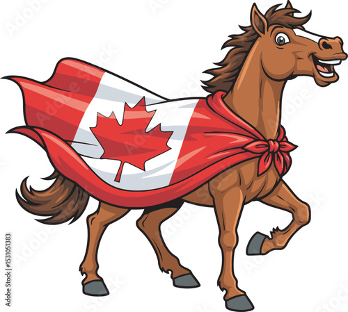 Horse mascot with maple leaf cape. Perfect for Canada day. 