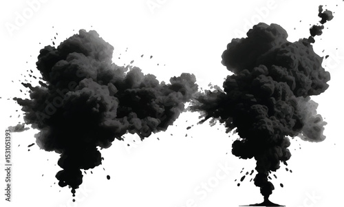 Dynamic Black Smoke Cloud Erupting into the Air with Fine Dust Particles Dispersing in an 
Artistic and High-Definition Abstract Composition on White

