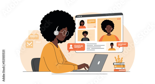 Remote work communication in an online video conference call setting vector illustration