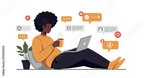Remote work relaxation with laptop and coffee mug surrounded by social media notifications vector illustration