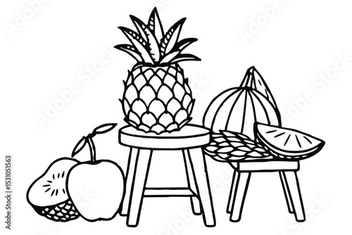 Fresh healthy fruits with pineapple apple watermelon kiwi and orange segment vector illustration on white