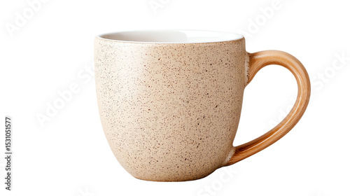 A stylish, speckled ceramic coffee mug with a sleek handle, set against a white isolated background.