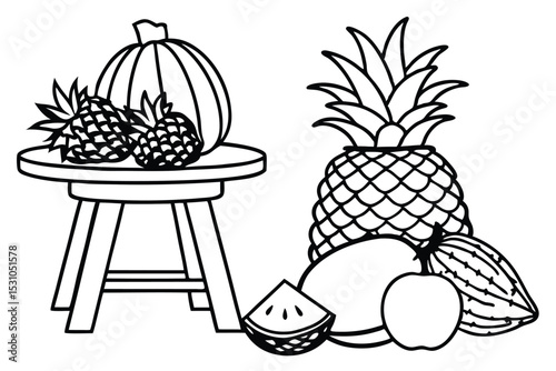 Monochrome illustration of various fruits including pineapple pumpkin mango and watermelon arranged neatly together