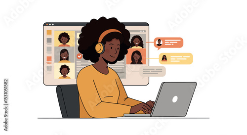 Woman working on laptop with headphones in online meeting illustration vector illustration
