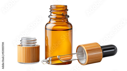 Brown glass dropper bottle with wooden cap, isolated on white background.